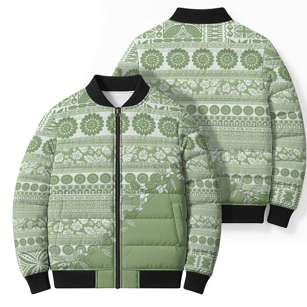 Fiji Marau na Kerisimasi Bomber Puffer Jacket Sage Green Tagimoucia Tapa Masi Tribal LT9 - Polynesian Pride