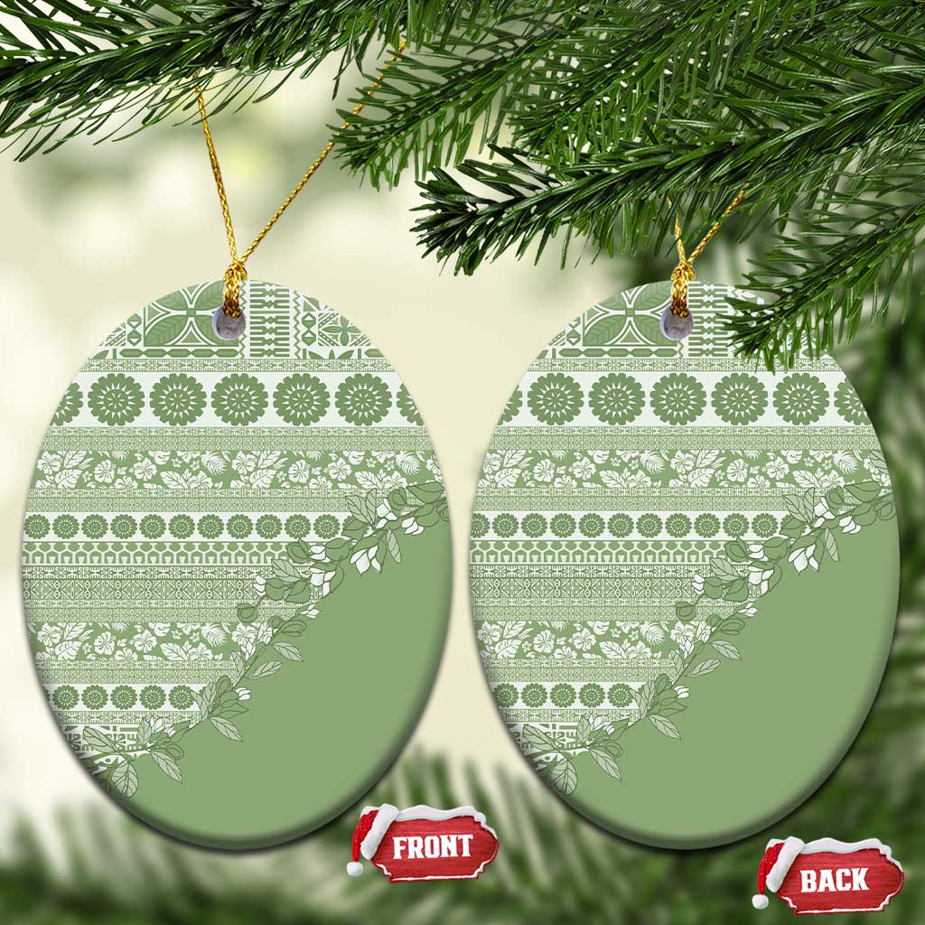 Fiji Marau na Kerisimasi Ceramic Ornament Sage Green Tagimoucia Tapa Masi Tribal LT9 Oval Green - Polynesian Pride