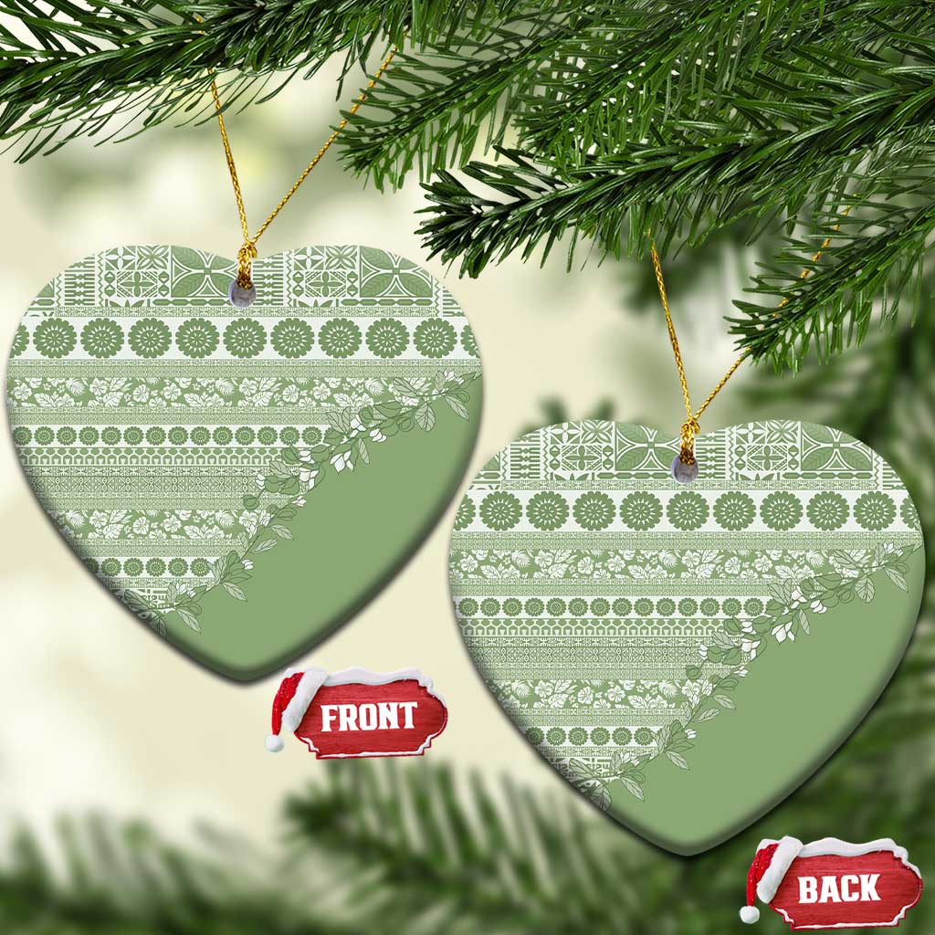 Fiji Marau na Kerisimasi Ceramic Ornament Sage Green Tagimoucia Tapa Masi Tribal LT9 Heart Green - Polynesian Pride