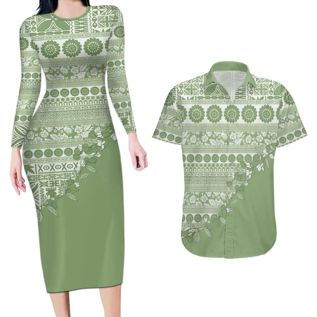 Fiji Marau na Kerisimasi Couples Matching Long Sleeve Bodycon Dress and Hawaiian Shirt Sage Green Tagimoucia Tapa Masi Tribal LT9 Green - Polynesian Pride