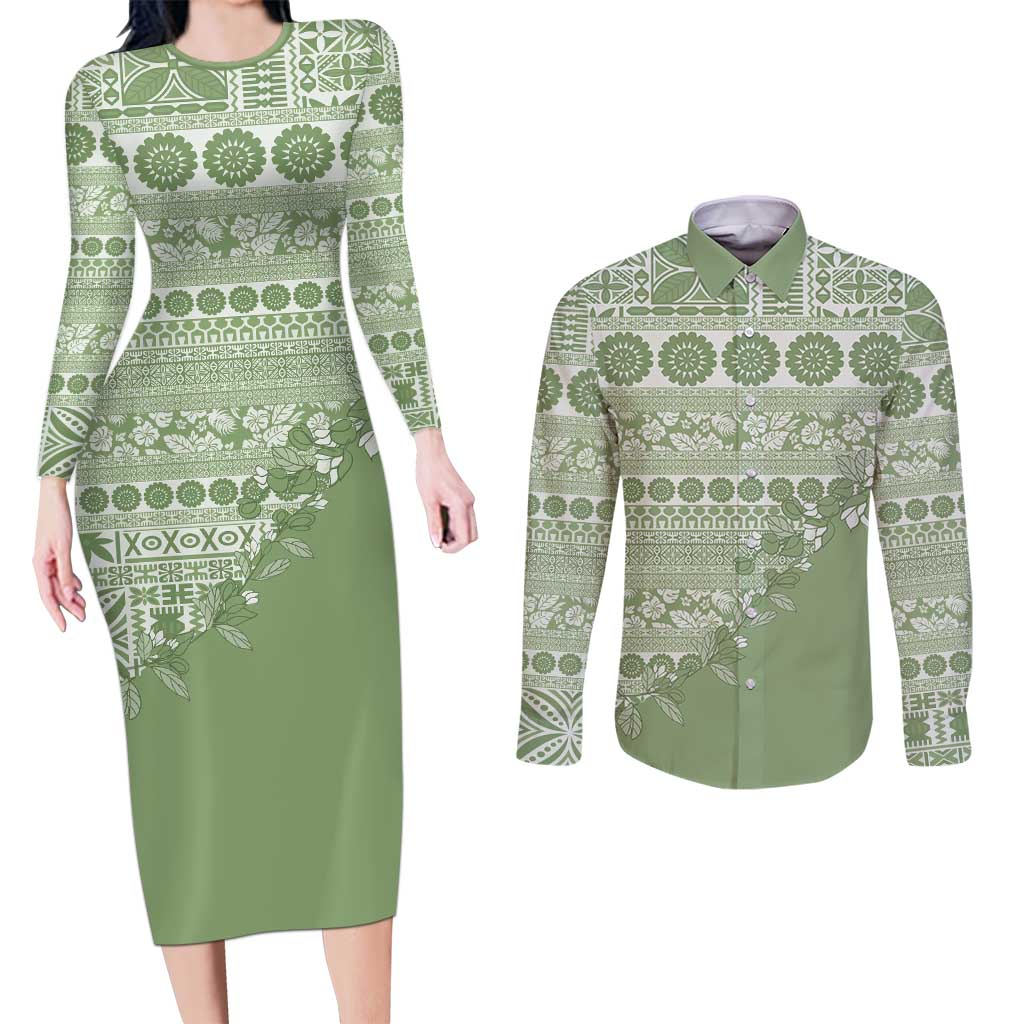Fiji Marau na Kerisimasi Couples Matching Long Sleeve Bodycon Dress and Long Sleeve Button Shirt Sage Green Tagimoucia Tapa Masi Tribal LT9 Green - Polynesian Pride