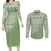 Fiji Marau na Kerisimasi Couples Matching Long Sleeve Bodycon Dress and Long Sleeve Button Shirt Sage Green Tagimoucia Tapa Masi Tribal LT9 Green - Polynesian Pride