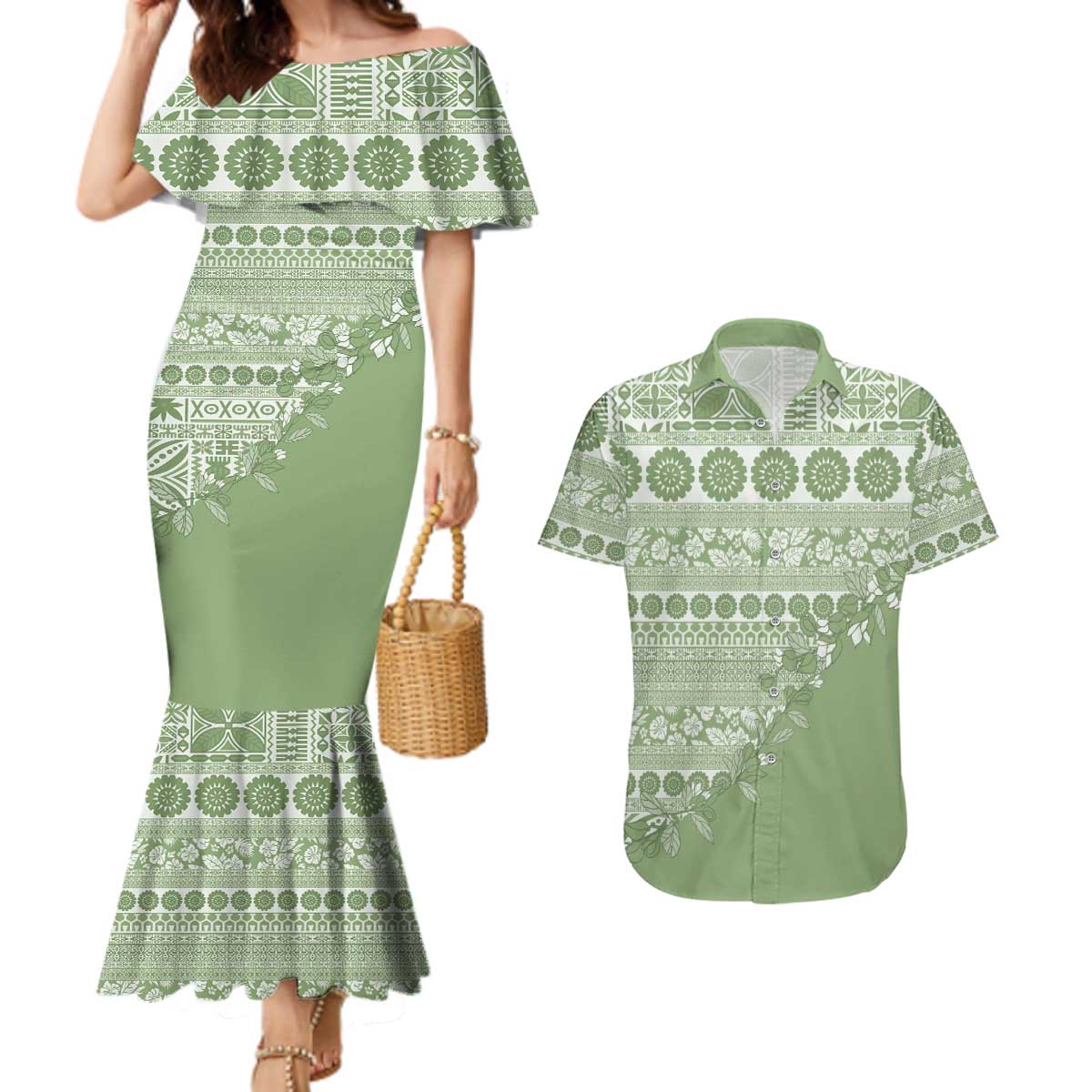 Fiji Marau na Kerisimasi Couples Matching Mermaid Dress and Hawaiian Shirt Sage Green Tagimoucia Tapa Masi Tribal LT9 Green - Polynesian Pride