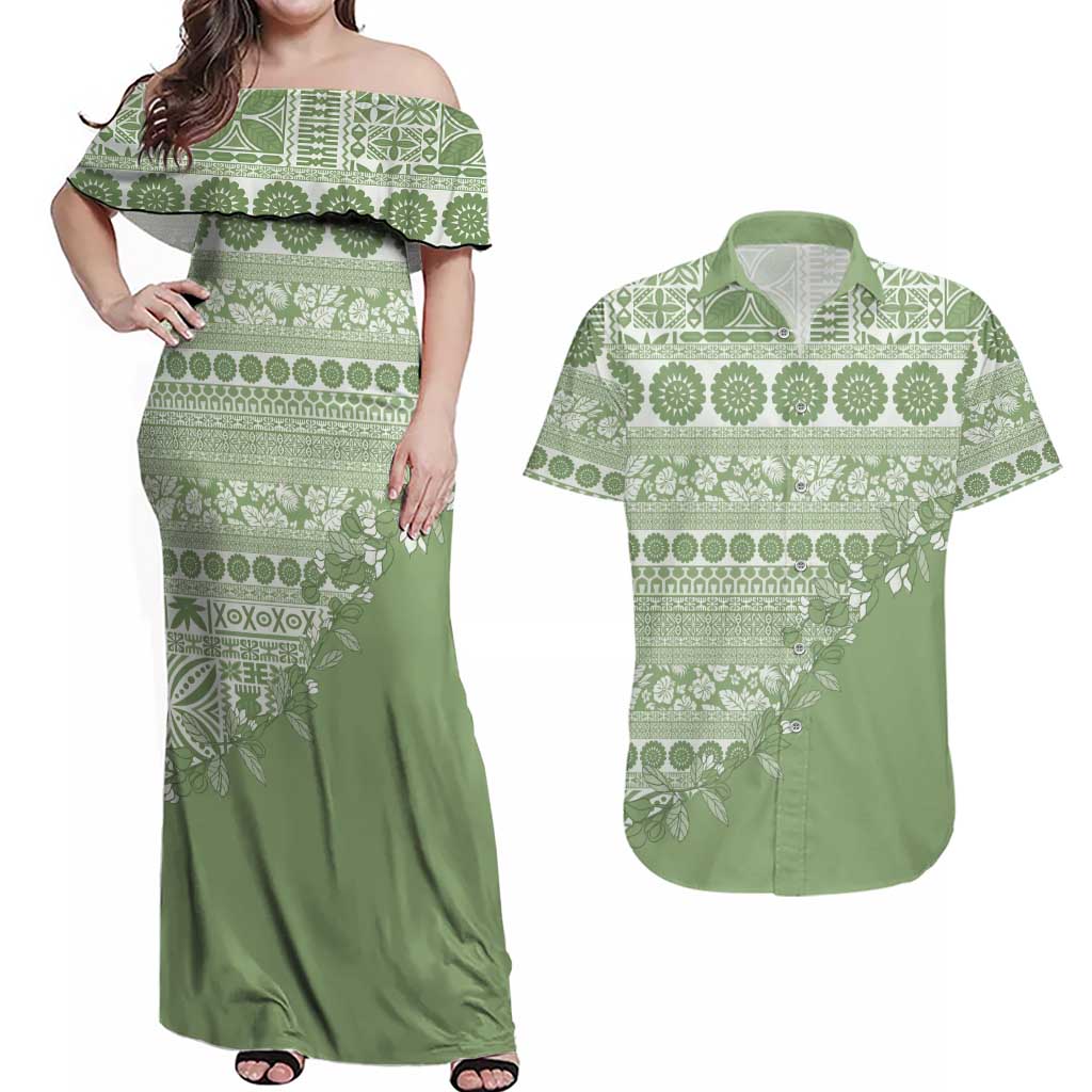 Fiji Marau na Kerisimasi Couples Matching Off Shoulder Maxi Dress and Hawaiian Shirt Sage Green Tagimoucia Tapa Masi Tribal - Polynesian Pride