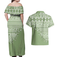 Fiji Marau na Kerisimasi Couples Matching Off Shoulder Maxi Dress and Hawaiian Shirt Sage Green Tagimoucia Tapa Masi Tribal LT9 - Polynesian Pride