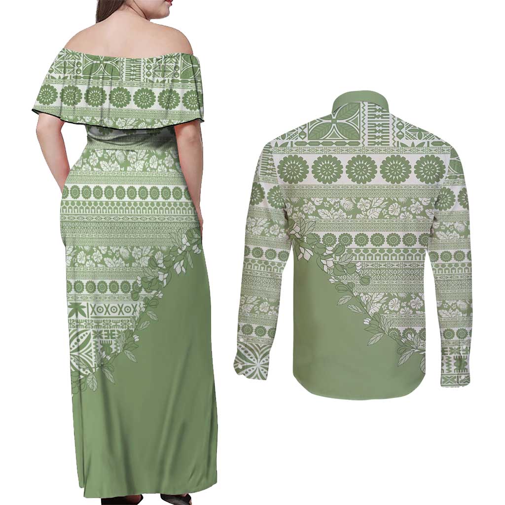 Fiji Marau na Kerisimasi Couples Matching Off Shoulder Maxi Dress and Long Sleeve Button Shirt Sage Green Tagimoucia Tapa Masi Tribal LT9 - Polynesian Pride