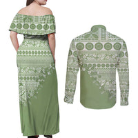 Fiji Marau na Kerisimasi Couples Matching Off Shoulder Maxi Dress and Long Sleeve Button Shirt Sage Green Tagimoucia Tapa Masi Tribal LT9 - Polynesian Pride