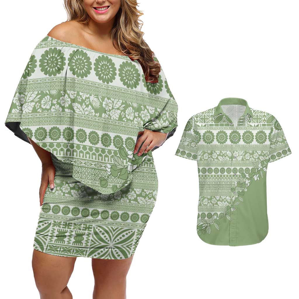 Fiji Marau na Kerisimasi Couples Matching Off Shoulder Short Dress and Hawaiian Shirt Sage Green Tagimoucia Tapa Masi Tribal LT9 Green - Polynesian Pride