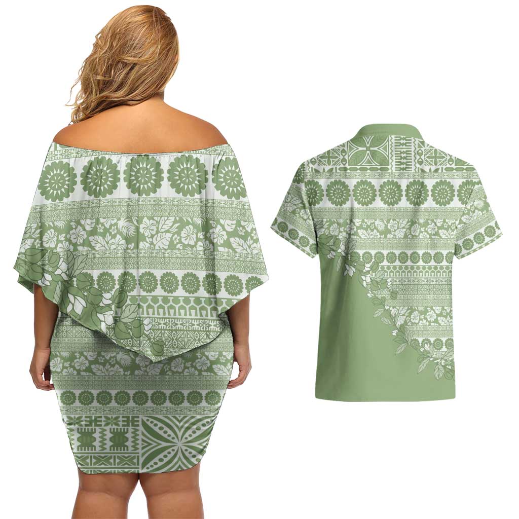 Fiji Marau na Kerisimasi Couples Matching Off Shoulder Short Dress and Hawaiian Shirt Sage Green Tagimoucia Tapa Masi Tribal LT9 - Polynesian Pride