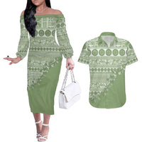 Fiji Marau na Kerisimasi Couples Matching Off The Shoulder Long Sleeve Dress and Hawaiian Shirt Sage Green Tagimoucia Tapa Masi Tribal LT9 Green - Polynesian Pride