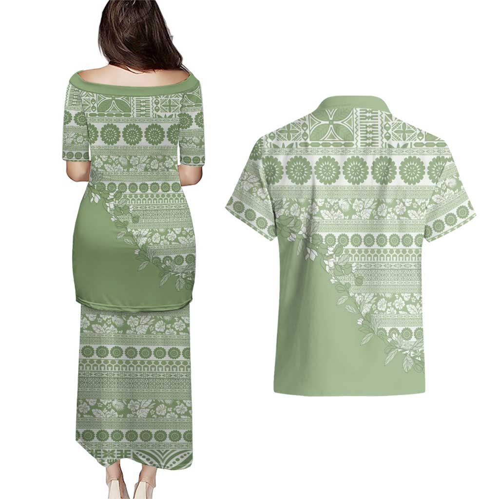 Fiji Marau na Kerisimasi Couples Matching Puletasi and Hawaiian Shirt Sage Green Tagimoucia Tapa Masi Tribal LT9 - Polynesian Pride