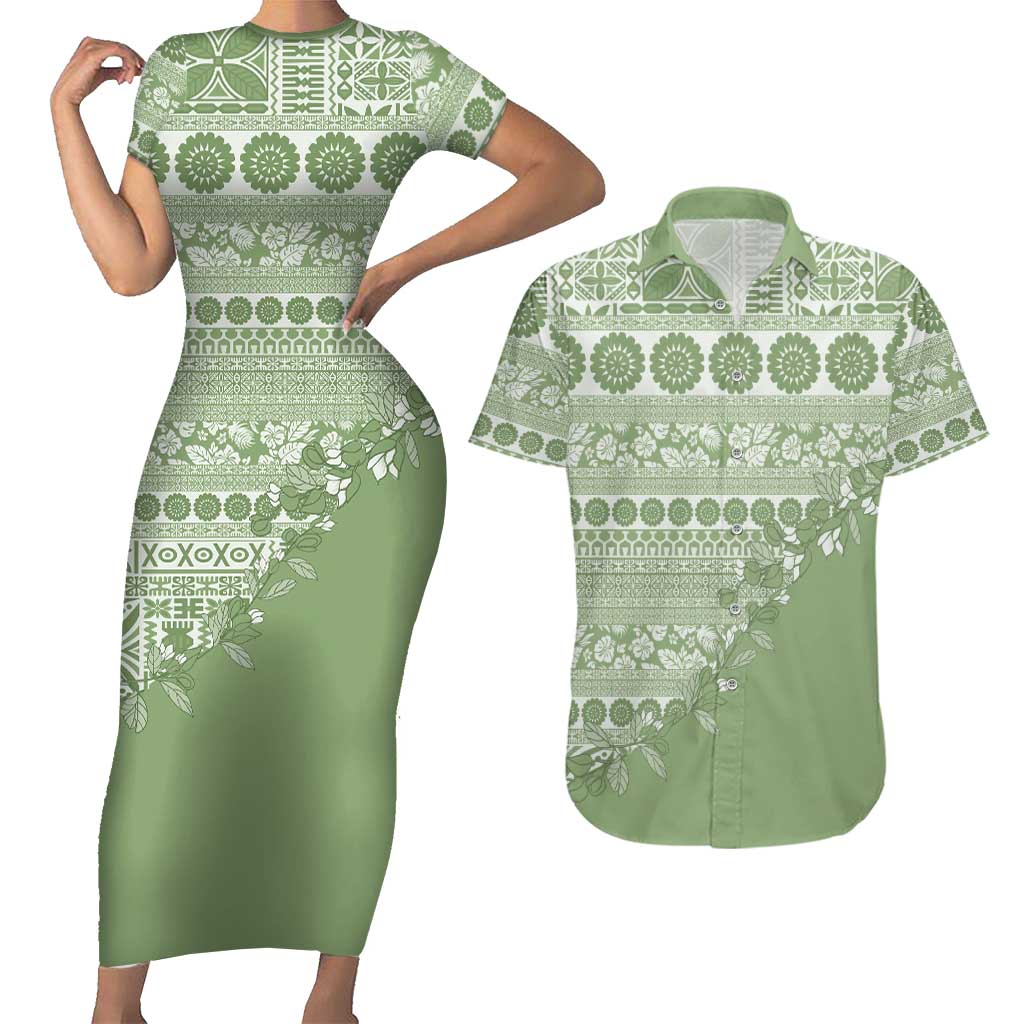 Fiji Marau na Kerisimasi Couples Matching Short Sleeve Bodycon Dress and Hawaiian Shirt Sage Green Tagimoucia Tapa Masi Tribal LT9 Green - Polynesian Pride