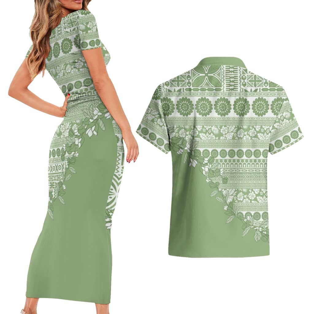 Fiji Marau na Kerisimasi Couples Matching Short Sleeve Bodycon Dress and Hawaiian Shirt Sage Green Tagimoucia Tapa Masi Tribal LT9 - Polynesian Pride