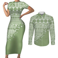 Fiji Marau na Kerisimasi Couples Matching Short Sleeve Bodycon Dress and Long Sleeve Button Shirt Sage Green Tagimoucia Tapa Masi Tribal LT9 Green - Polynesian Pride