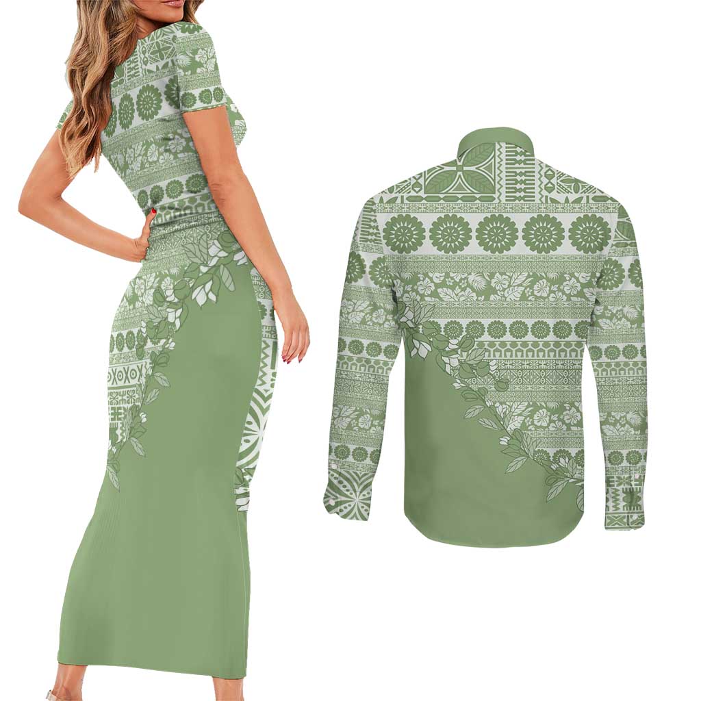 Fiji Marau na Kerisimasi Couples Matching Short Sleeve Bodycon Dress and Long Sleeve Button Shirt Sage Green Tagimoucia Tapa Masi Tribal LT9 - Polynesian Pride