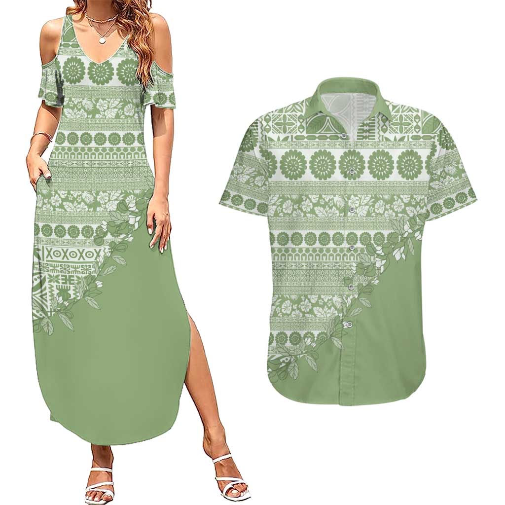 Fiji Marau na Kerisimasi Couples Matching Summer Maxi Dress and Hawaiian Shirt Sage Green Tagimoucia Tapa Masi Tribal LT9 Green - Polynesian Pride