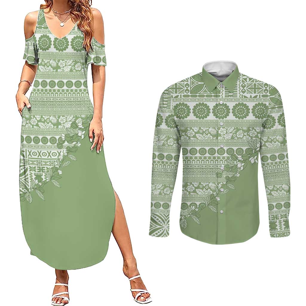 Fiji Marau na Kerisimasi Couples Matching Summer Maxi Dress and Long Sleeve Button Shirt Sage Green Tagimoucia Tapa Masi Tribal LT9 Green - Polynesian Pride