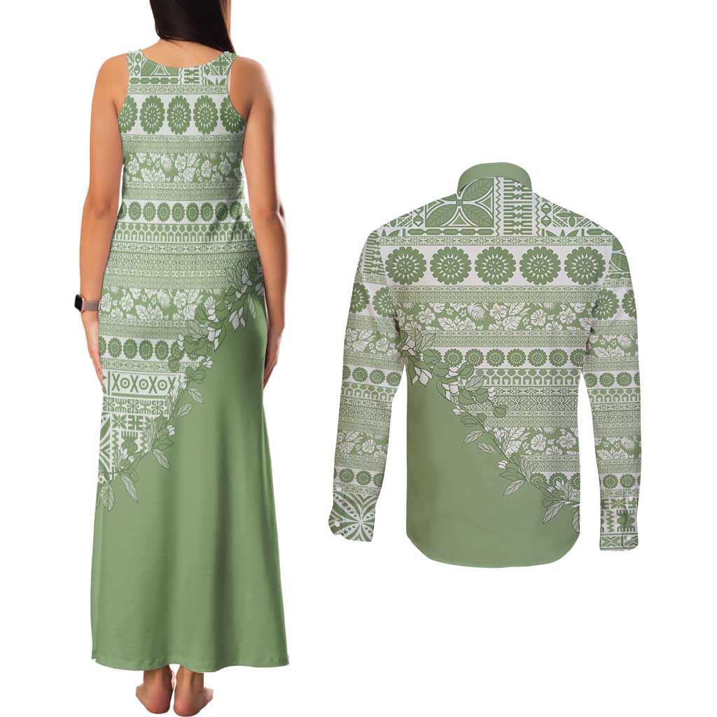 Fiji Marau na Kerisimasi Couples Matching Tank Maxi Dress and Long Sleeve Button Shirt Sage Green Tagimoucia Tapa Masi Tribal LT9 - Polynesian Pride