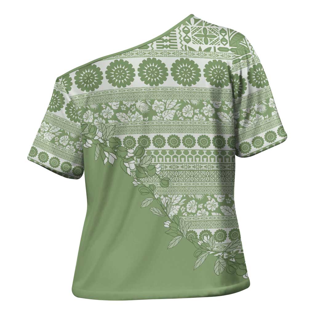 Fiji Marau na Kerisimasi Cross Shoulder Shirt Sage Green Tagimoucia Tapa Masi Tribal LT9 - Polynesian Pride