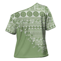 Fiji Marau na Kerisimasi Cross Shoulder Shirt Sage Green Tagimoucia Tapa Masi Tribal LT9 - Polynesian Pride
