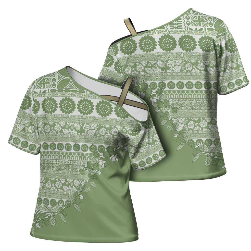 Fiji Marau na Kerisimasi Cross Shoulder Shirt Sage Green Tagimoucia Tapa Masi Tribal LT9 - Polynesian Pride