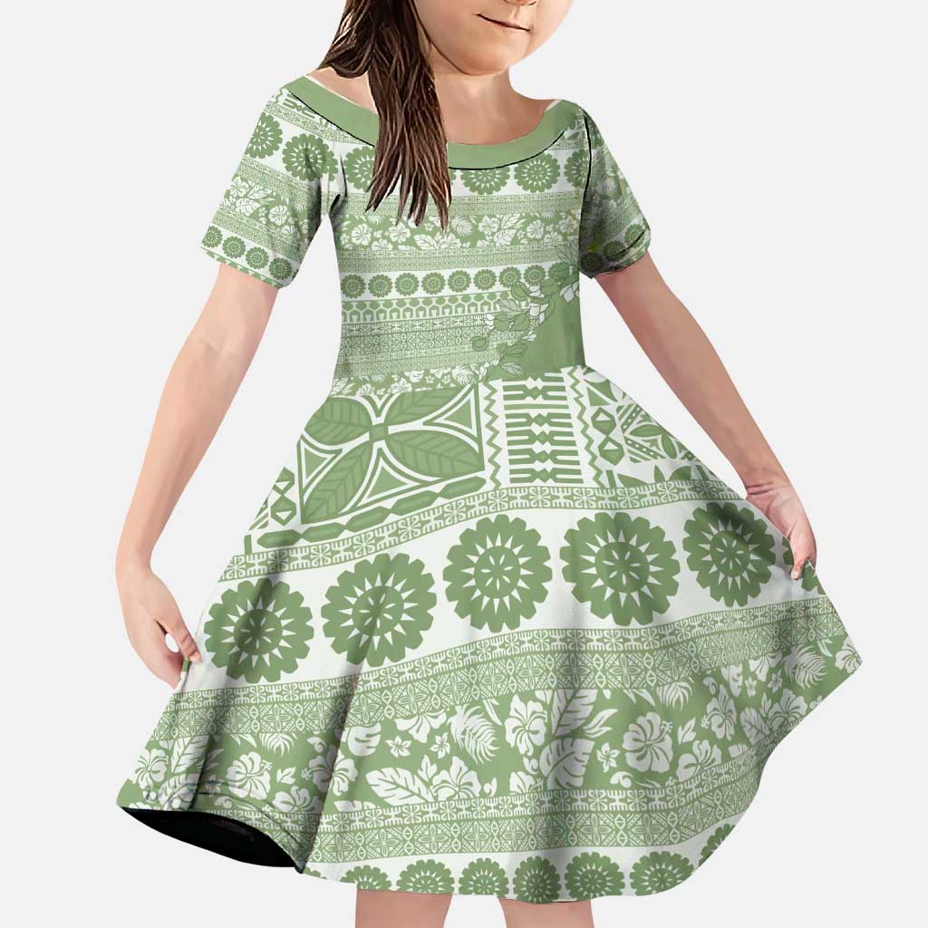 Fiji Marau na Kerisimasi Family Matching Long Sleeve Bodycon Dress and Hawaiian Shirt Sage Green Tagimoucia Tapa Masi Tribal LT9 Daughter's Dress Green - Polynesian Pride