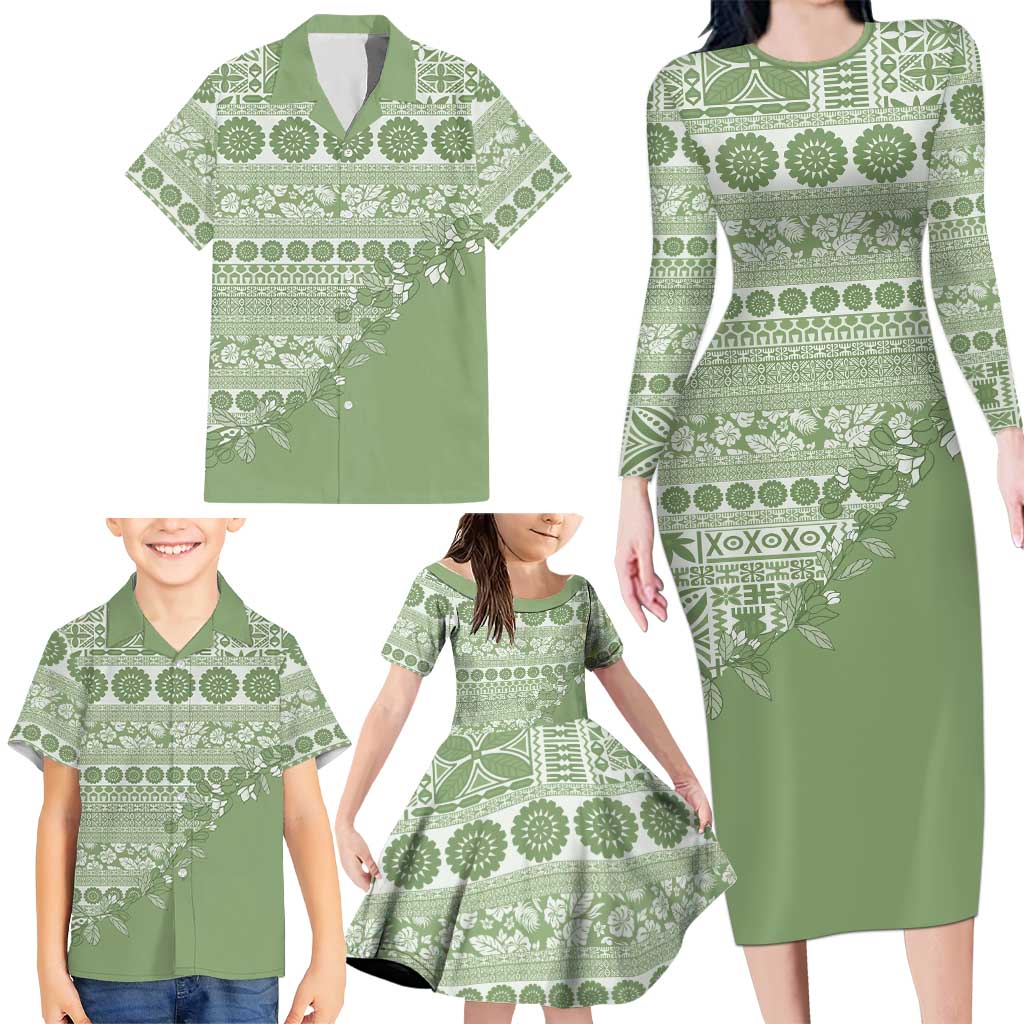 Fiji Marau na Kerisimasi Family Matching Long Sleeve Bodycon Dress and Hawaiian Shirt Sage Green Tagimoucia Tapa Masi Tribal - Polynesian Pride