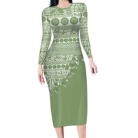 Fiji Marau na Kerisimasi Family Matching Long Sleeve Bodycon Dress and Hawaiian Shirt Sage Green Tagimoucia Tapa Masi Tribal LT9 Mom's Dress Green - Polynesian Pride