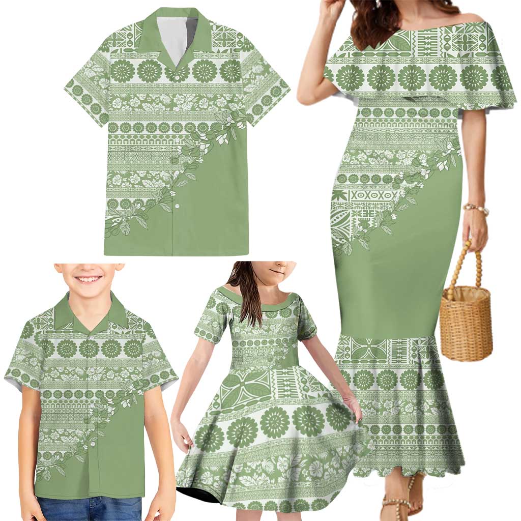 Fiji Marau na Kerisimasi Family Matching Mermaid Dress and Hawaiian Shirt Sage Green Tagimoucia Tapa Masi Tribal - Polynesian Pride