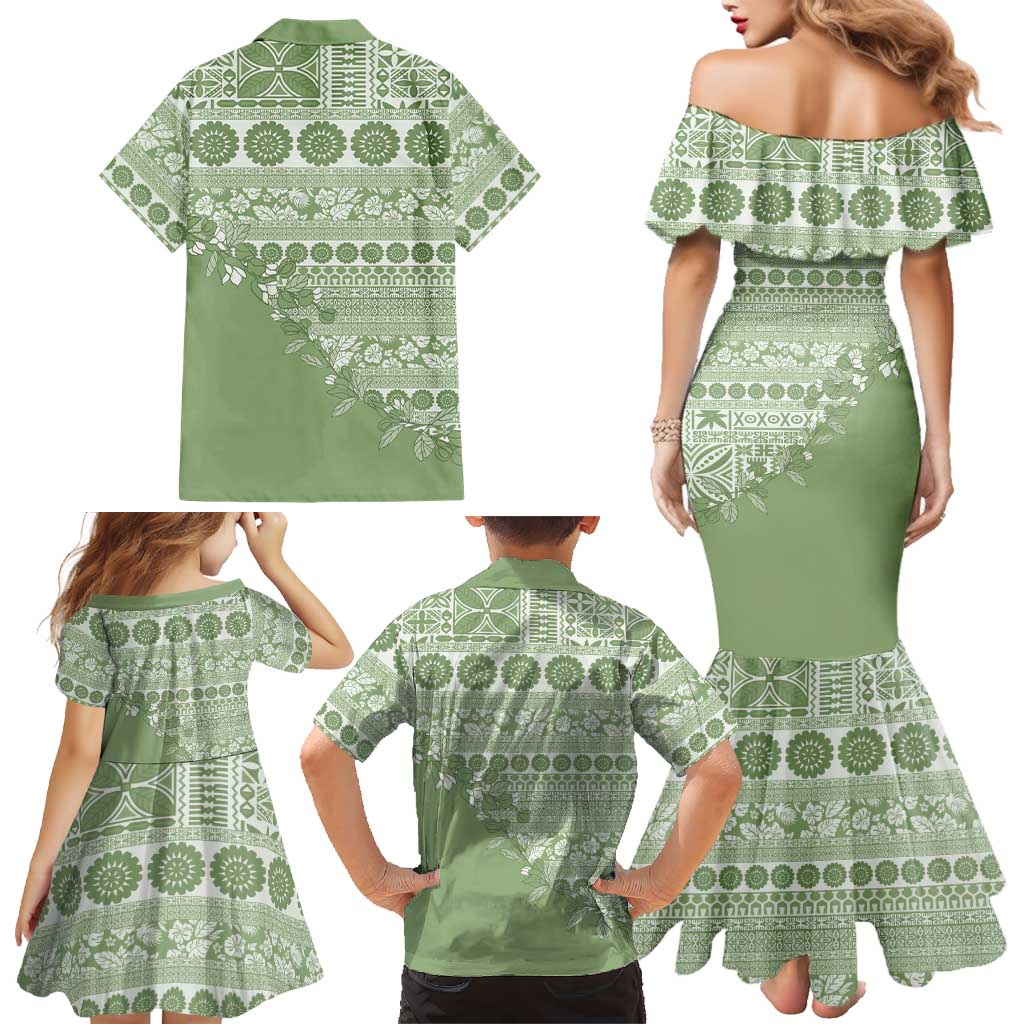 Fiji Marau na Kerisimasi Family Matching Mermaid Dress and Hawaiian Shirt Sage Green Tagimoucia Tapa Masi Tribal LT9 - Polynesian Pride