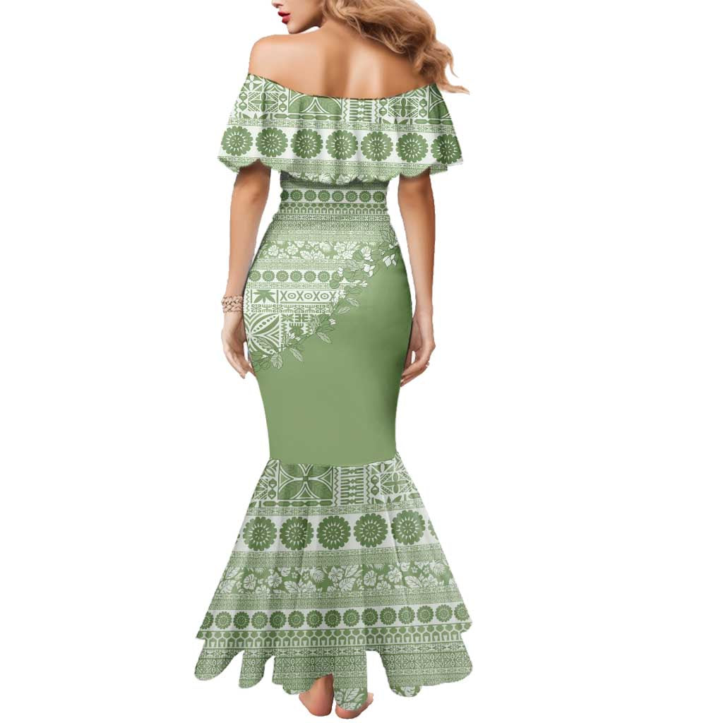 Fiji Marau na Kerisimasi Family Matching Mermaid Dress and Hawaiian Shirt Sage Green Tagimoucia Tapa Masi Tribal LT9 - Polynesian Pride