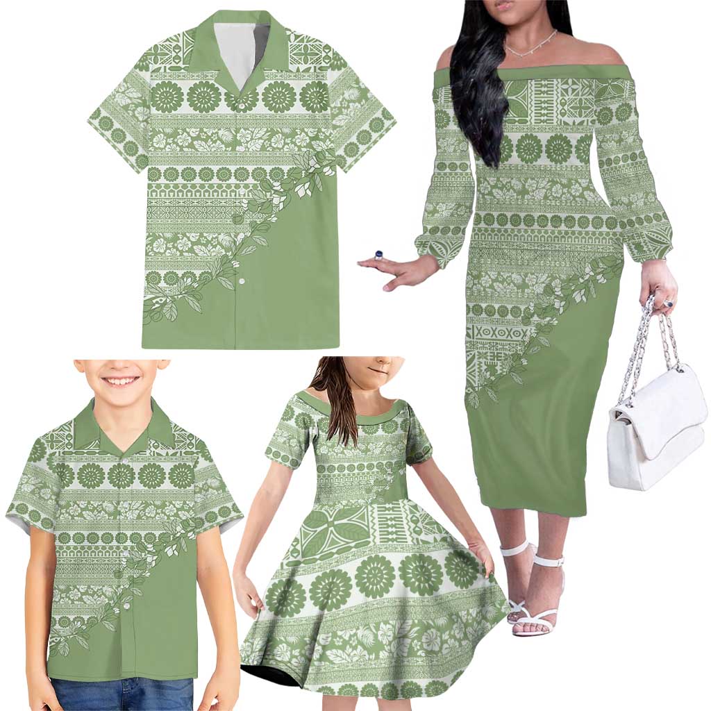 Fiji Marau na Kerisimasi Family Matching Off The Shoulder Long Sleeve Dress and Hawaiian Shirt Sage Green Tagimoucia Tapa Masi Tribal - Polynesian Pride