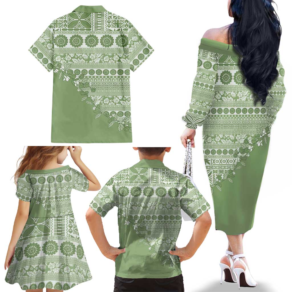 Fiji Marau na Kerisimasi Family Matching Off The Shoulder Long Sleeve Dress and Hawaiian Shirt Sage Green Tagimoucia Tapa Masi Tribal LT9 - Polynesian Pride