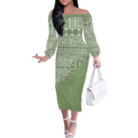 Fiji Marau na Kerisimasi Family Matching Off The Shoulder Long Sleeve Dress and Hawaiian Shirt Sage Green Tagimoucia Tapa Masi Tribal LT9 Mom's Dress Green - Polynesian Pride