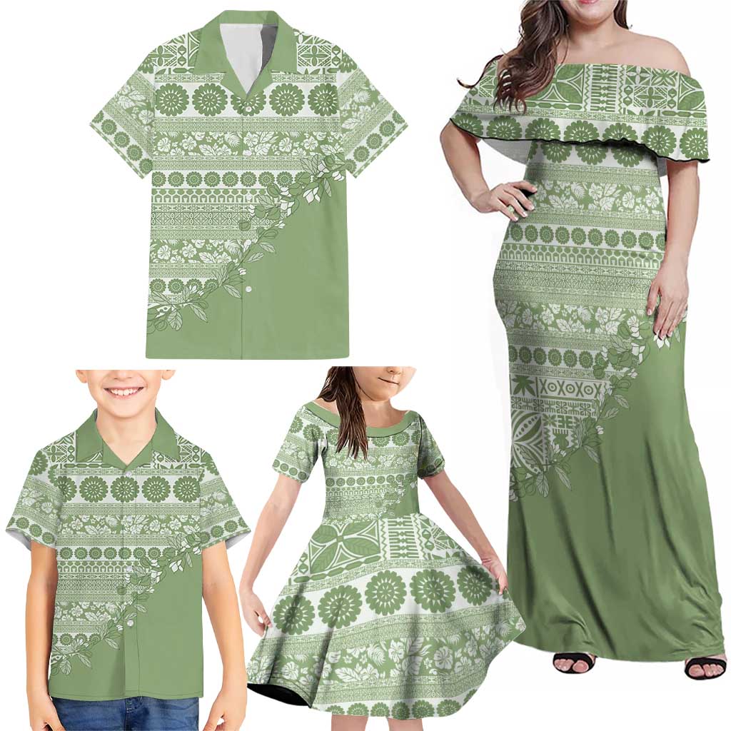 Fiji Marau na Kerisimasi Family Matching Off Shoulder Maxi Dress and Hawaiian Shirt Sage Green Tagimoucia Tapa Masi Tribal LT9 - Polynesian Pride