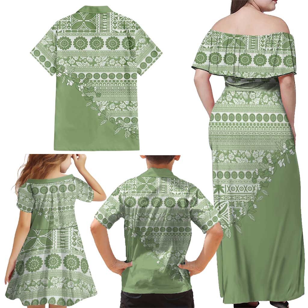 Fiji Marau na Kerisimasi Family Matching Off Shoulder Maxi Dress and Hawaiian Shirt Sage Green Tagimoucia Tapa Masi Tribal LT9 - Polynesian Pride