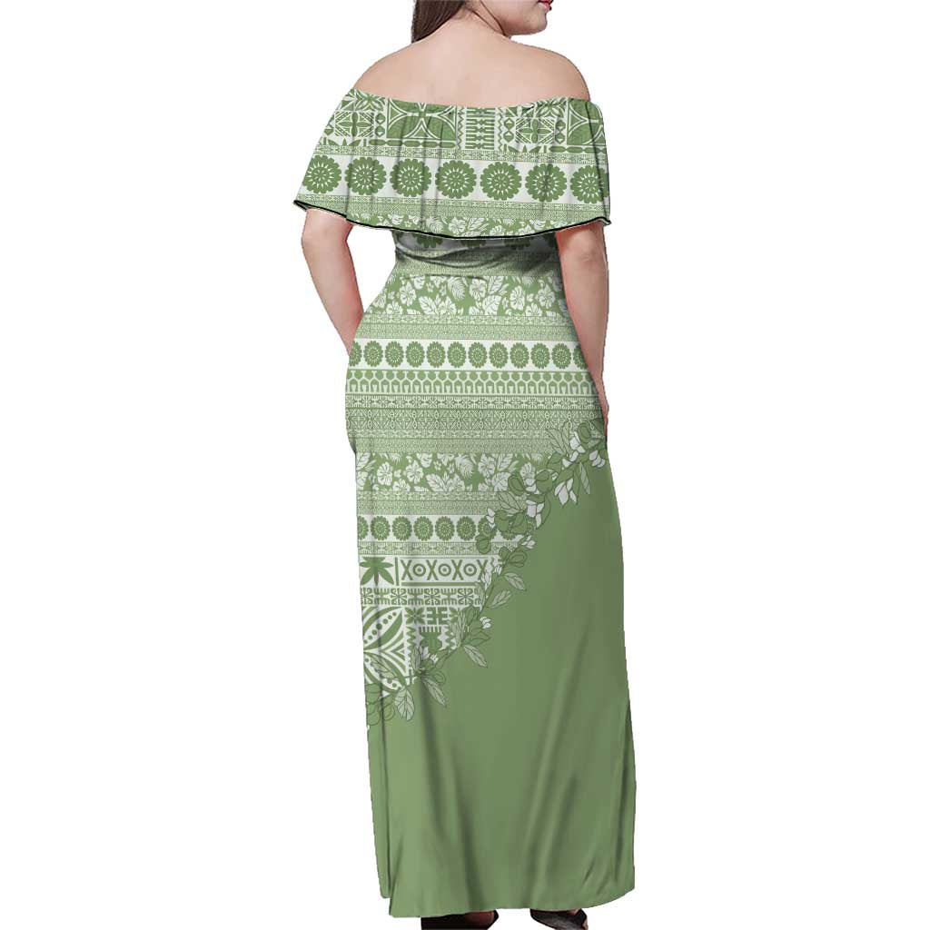 Fiji Marau na Kerisimasi Family Matching Off Shoulder Maxi Dress and Hawaiian Shirt Sage Green Tagimoucia Tapa Masi Tribal LT9 - Polynesian Pride