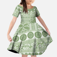 Fiji Marau na Kerisimasi Family Matching Off Shoulder Short Dress and Hawaiian Shirt Sage Green Tagimoucia Tapa Masi Tribal LT9 Daughter's Dress Green - Polynesian Pride