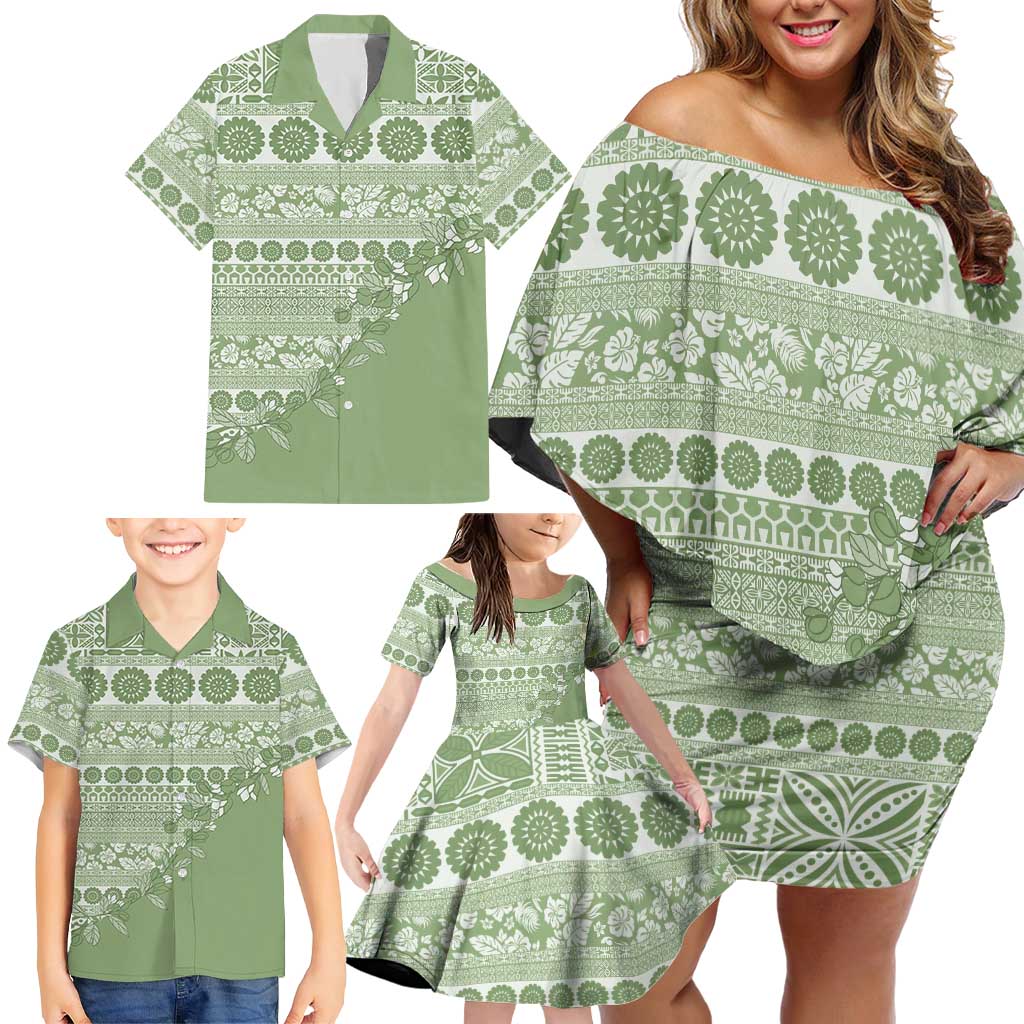 Fiji Marau na Kerisimasi Family Matching Off Shoulder Short Dress and Hawaiian Shirt Sage Green Tagimoucia Tapa Masi Tribal - Polynesian Pride