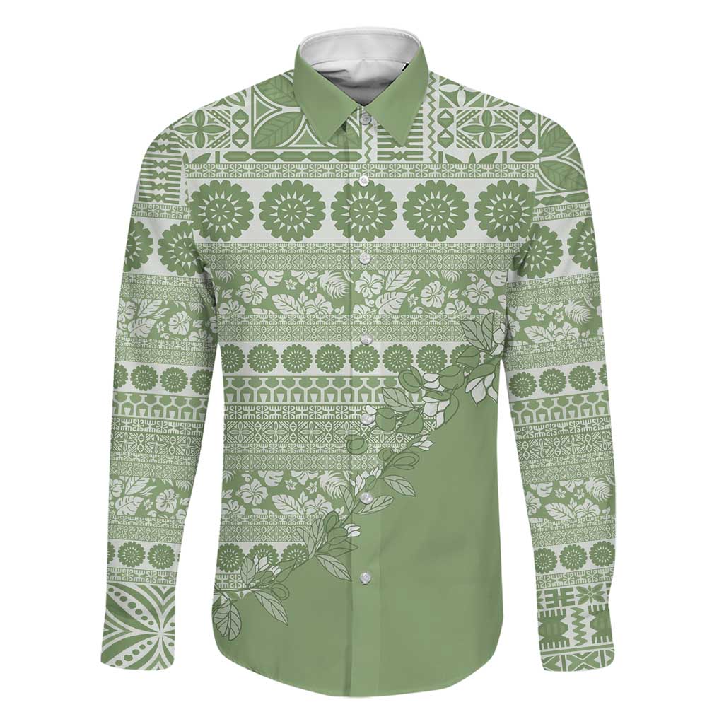Fiji Marau na Kerisimasi Family Matching Off Shoulder Short Dress and Hawaiian Shirt Sage Green Tagimoucia Tapa Masi Tribal LT9 Dad's Shirt - Long Sleeve Green - Polynesian Pride