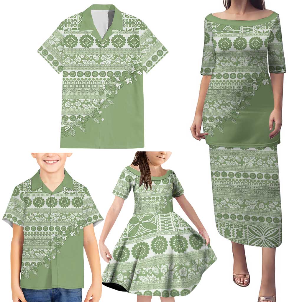 Fiji Marau na Kerisimasi Family Matching Puletasi and Hawaiian Shirt Sage Green Tagimoucia Tapa Masi Tribal - Polynesian Pride