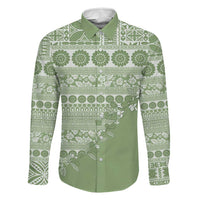 Fiji Marau na Kerisimasi Family Matching Puletasi and Hawaiian Shirt Sage Green Tagimoucia Tapa Masi Tribal LT9 Dad's Shirt - Long Sleeve Green - Polynesian Pride