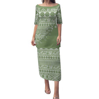 Fiji Marau na Kerisimasi Family Matching Puletasi and Hawaiian Shirt Sage Green Tagimoucia Tapa Masi Tribal LT9 Mom's Dress Green - Polynesian Pride