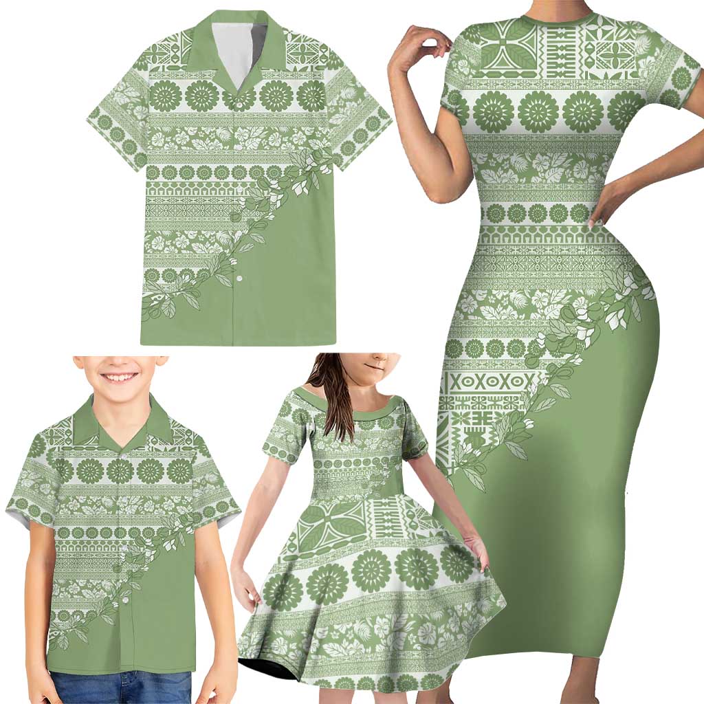 Fiji Marau na Kerisimasi Family Matching Short Sleeve Bodycon Dress and Hawaiian Shirt Sage Green Tagimoucia Tapa Masi Tribal - Polynesian Pride