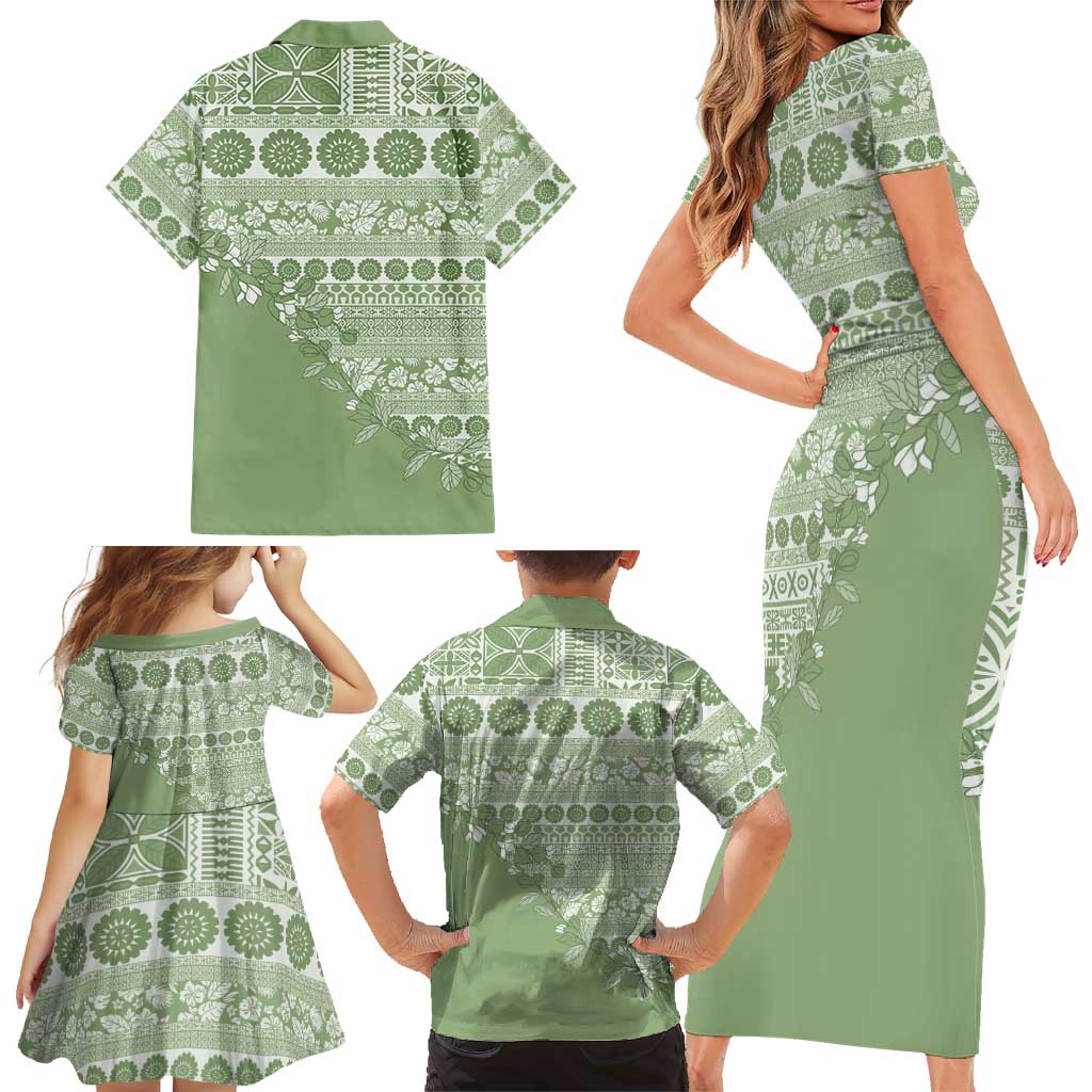 Fiji Marau na Kerisimasi Family Matching Short Sleeve Bodycon Dress and Hawaiian Shirt Sage Green Tagimoucia Tapa Masi Tribal LT9 - Polynesian Pride