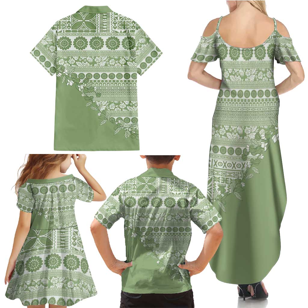 Fiji Marau na Kerisimasi Family Matching Summer Maxi Dress and Hawaiian Shirt Sage Green Tagimoucia Tapa Masi Tribal LT9 - Polynesian Pride