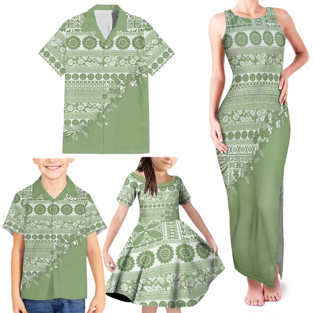 Fiji Marau na Kerisimasi Family Matching Tank Maxi Dress and Hawaiian Shirt Sage Green Tagimoucia Tapa Masi Tribal - Polynesian Pride