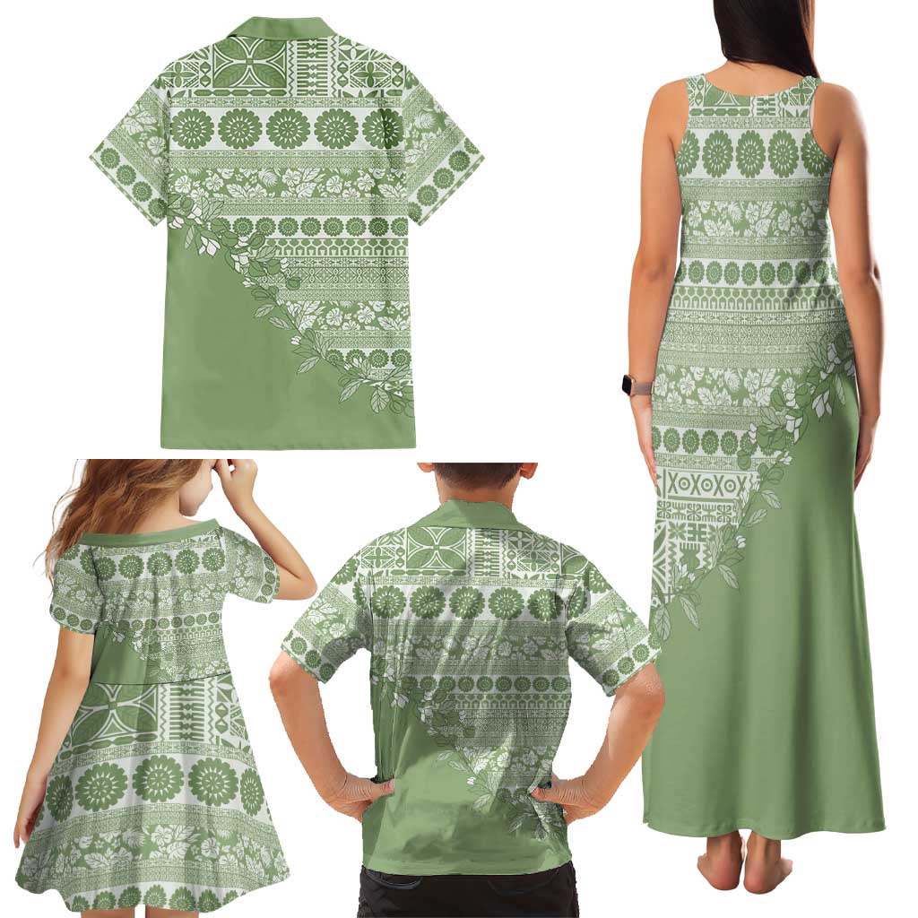 Fiji Marau na Kerisimasi Family Matching Tank Maxi Dress and Hawaiian Shirt Sage Green Tagimoucia Tapa Masi Tribal LT9 - Polynesian Pride