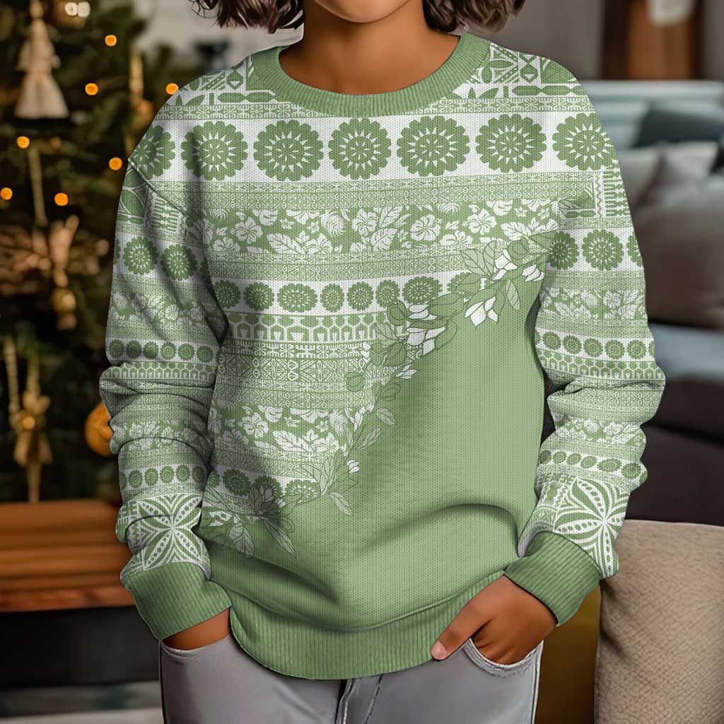 Fiji Marau na Kerisimasi Kid Ugly Christmas Sweater Sage Green Tagimoucia Tapa Masi Tribal LT9 - Polynesian Pride