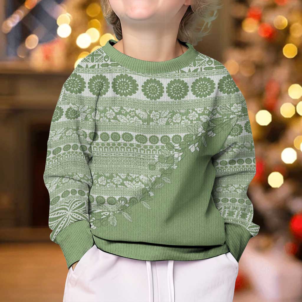Fiji Marau na Kerisimasi Kid Ugly Christmas Sweater Sage Green Tagimoucia Tapa Masi Tribal LT9 - Polynesian Pride